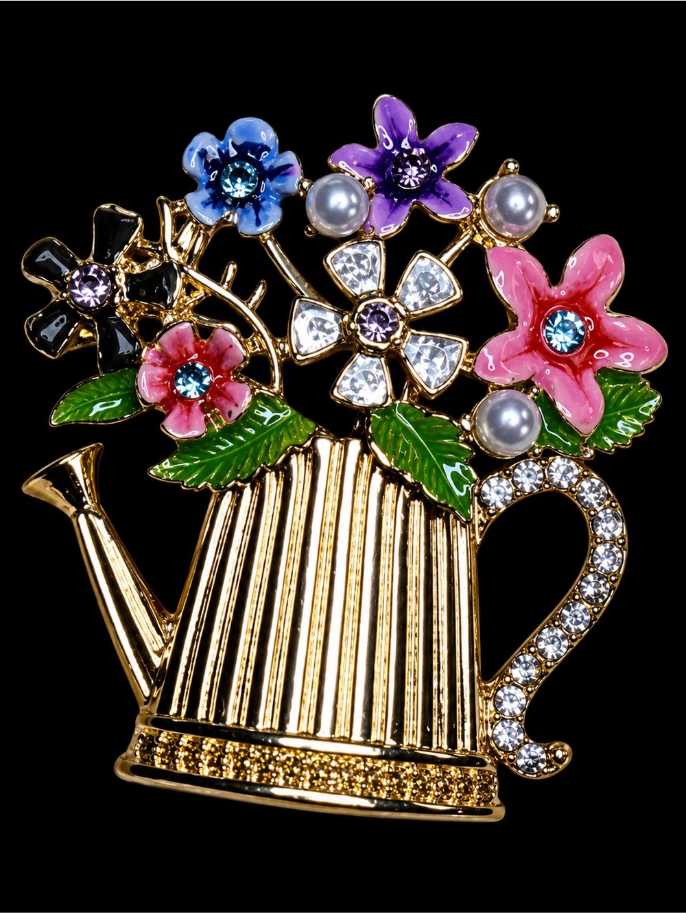 Gold Watering Can Floral Brooch with Multicolor Enamel Flowers